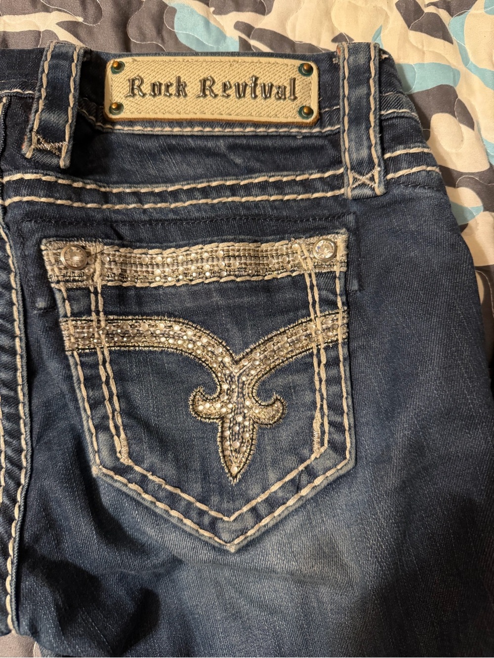 Rock Revival Dark Blue Denim Jeans with Rhinestone Pocket